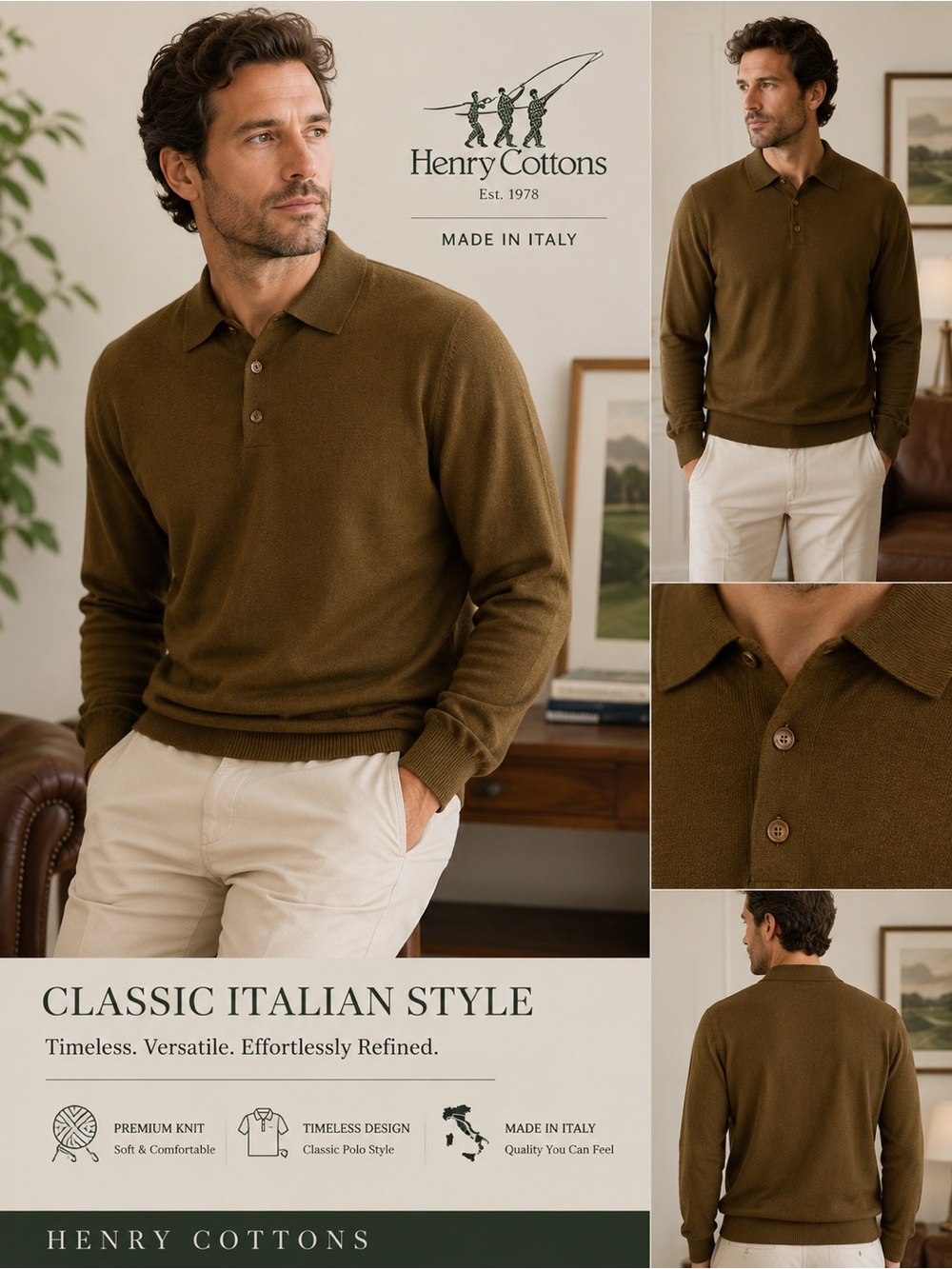 Henry Cottons 100% Virgin Wool Knit Polo Sweater Made in Italy XL